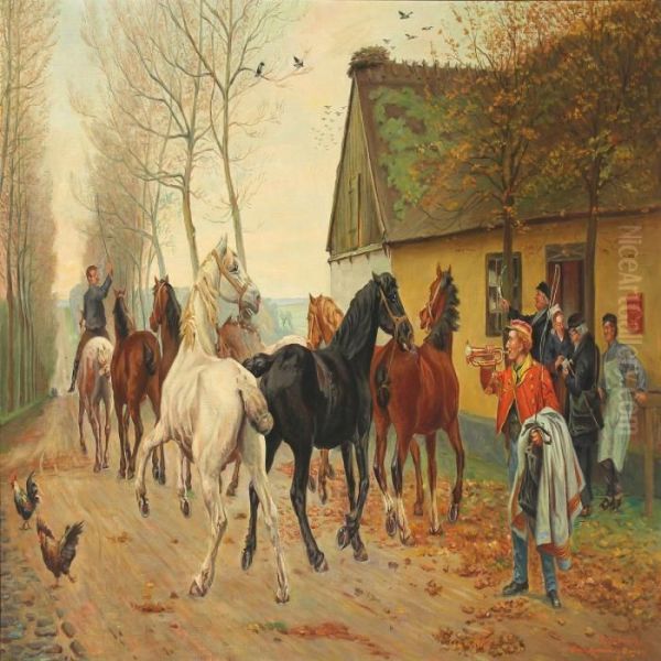 Et Kobbel Heste Udfor Lindenborg Kro Oil Painting by Otto Bache