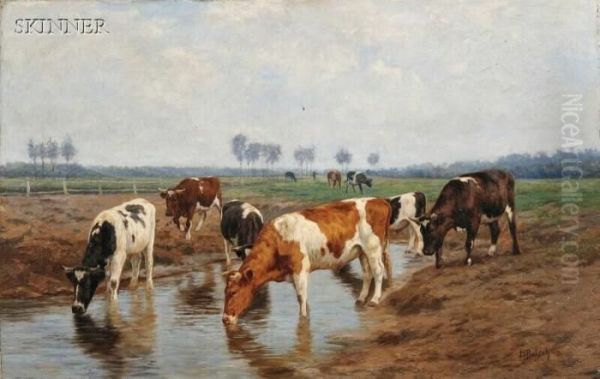 Cattle Watering Oil Painting by Hermann Baisch