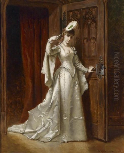 Elegant Lady In A White Damask Dress Oil Painting by Ladislaus Bakalowicz