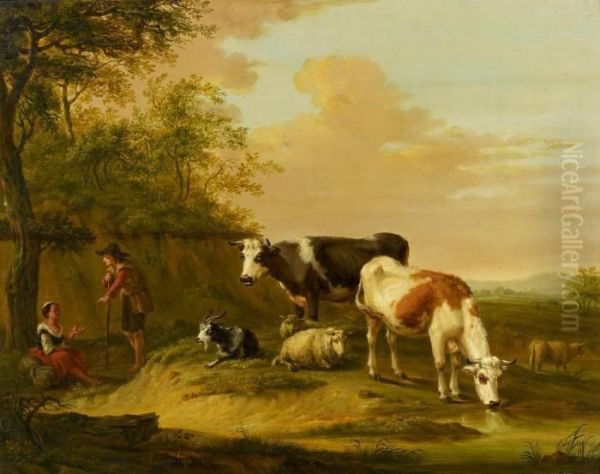 Shepherds With Cattle On The Pasture Oil Painting by Hendrikus van den Sande Bakhuyzen