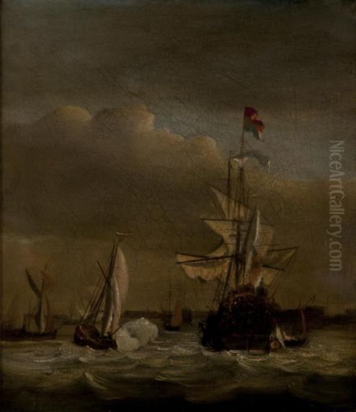 A Dutch Man-o'-war & Other Vessels In An Estuary Oil Painting by Ludolf Backhuysen