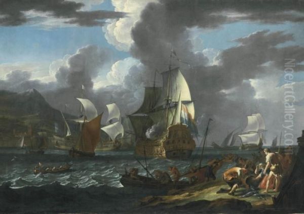 A Capriccio: The Flagship 
Saluting Her Arrival At A Mediterranean Port Amidst Other Shipping Oil Painting by Ludolf Bakhuyzen