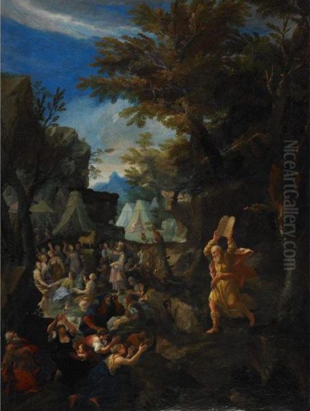 Moses Breaks The Tablets Of The 
Law After Coming Down Mount Sinai Finding The Children Of Israel 
Worshipping The Golden Calf And Rejoicing In The Spring Issuing From 
Rocks At An Encampment Oil Painting by Hendrick Balen