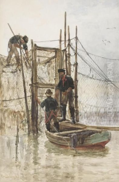 Fixing The Nets Oil Painting by Alexander Ballingall