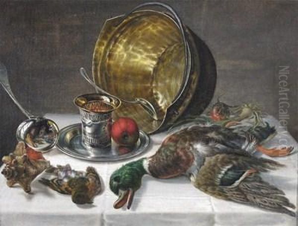 Still Life Of Silver, Birds, Fruit And A Shell With A Small Reflection Of The Artist Oil Painting by Carl Vilhelm Balsgaard