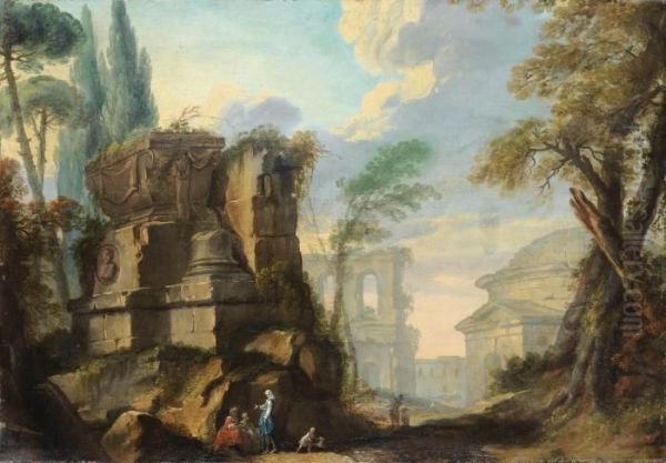 Paysage De Ruines Romaines Anime De Personnages Oil Painting by Jean Barbault