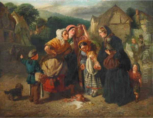 Village Women Comforting The Child Who Broke The Milk Jug Oil Painting by Edward Charles Barnes