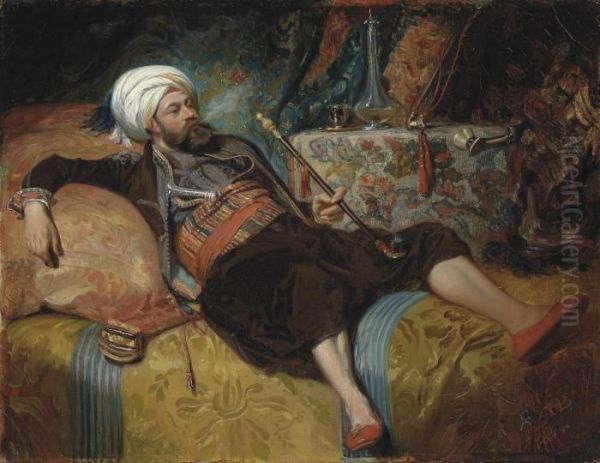 A Reclining Turk Smoking A Hookah Oil Painting by Henri Baron