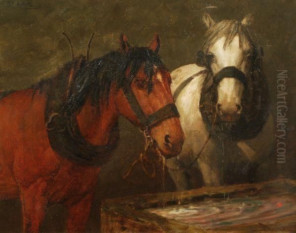 Horses At A Trough Oil Painting by William Barr