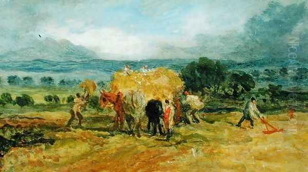 A Harvest Scene with Workers loading Hay on to a Farm Wagon Oil Painting by James Ward