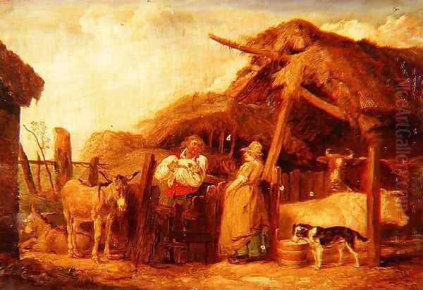 A farmer and his wife with cows, donkeys and animals by a barn in a farmyard Oil Painting by James Ward