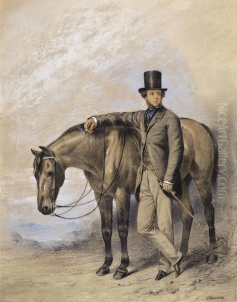 Portrait Of A Gentleman, Standing Full-length Beside A Horse, His Crop In His Hand Oil Painting by William Barraud