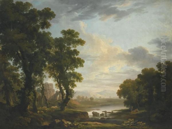 An Extensive Wooded River 
Landscape, With Shepherds Reclining In The Foreground And Ruins Beyond Oil Painting by George Cuitt