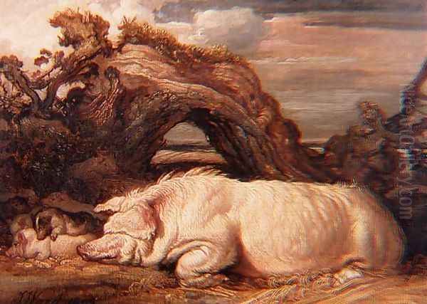 A Sow and Piglets Under a Tree, 1809 Oil Painting by James Ward