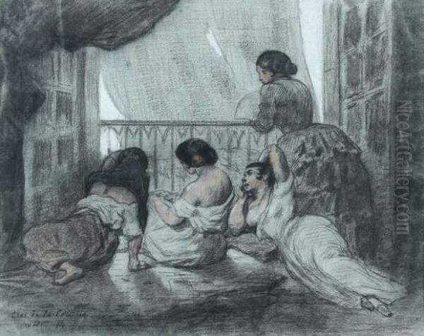 Femmes Se Rafraichissant Sur Un Balcon, A Madrid Oil Painting by Felix Joseph Barrias