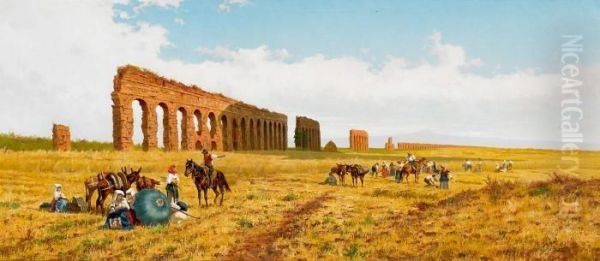 Grain Harvest In The Ancient Aqueduct On The Roman Countryside Oil Painting by Pietro Barucci