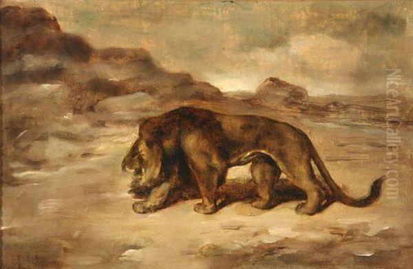 Lion In A Barren Landscape Oil Painting by Antoine-louis Barye