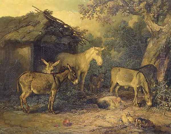 Donkeys, horse and pigs by a barn in a farmyard Oil Painting by James Ward