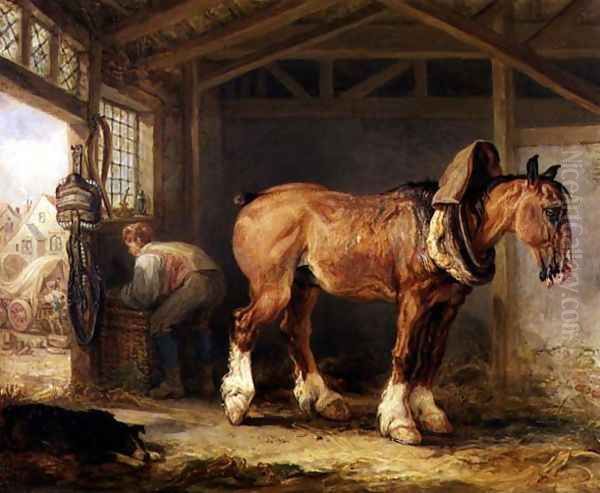 A groom with carthorse in a stable Oil Painting by James Ward