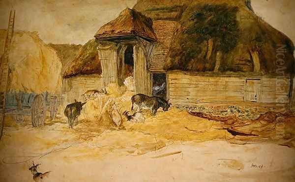 Animals Before a Thatched Barn Oil Painting by James Ward