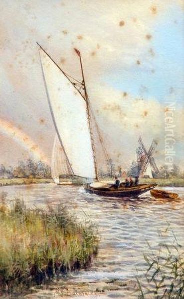 Broadland Scene With Sailing Boats, Windmill And Rainbow Oil Painting by Stephen John Batchelder