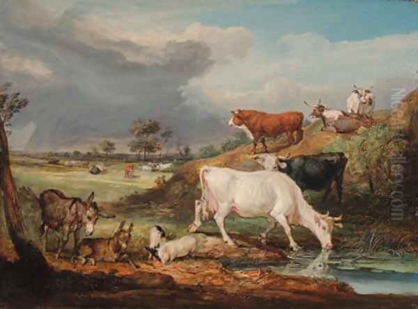 Cattle, Donkeys and Pigs by a Pool Oil Painting by James Ward