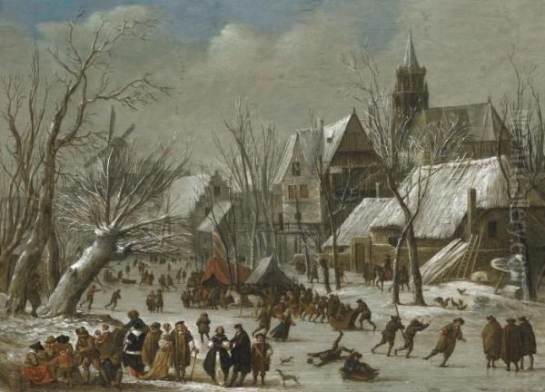 A Winter Landscape With Figures On A Frozen Canal Oil Painting by Gerrit Van Battem