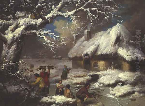 Figures gathering faggots in a winter landscape Oil Painting by James Ward