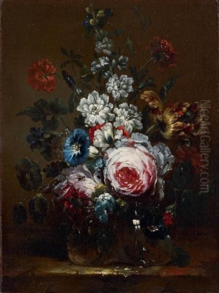 Rosen, Winde, Tulpe, Rittersporn Und Andere Blumen In Einer Glasvase Oil Painting by Nicolas Baudesson