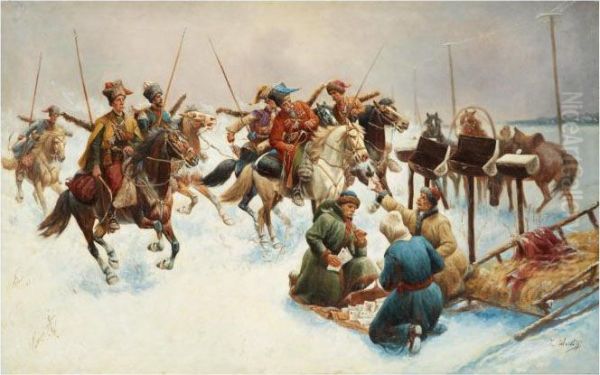 Cossacks In A Vinter Lanscape Oil Painting by Adolf Baumgartner