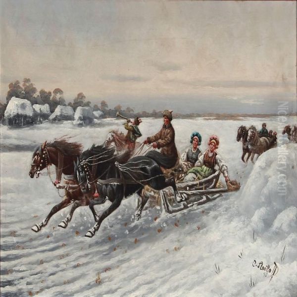 Winter Landscape With Sled Driwing In High Speed Oil Painting by Adolf Baumgartner