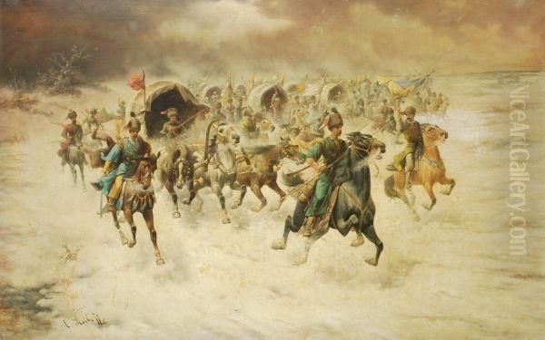 Cossacks In A Winter Landscape Oil Painting by Adolf Baumgartner