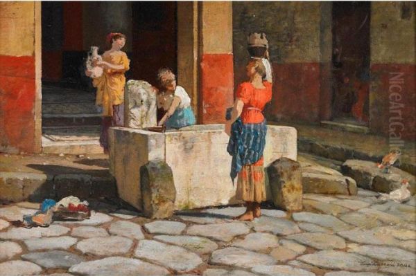 Maidens At A Courtyard Fountain Oil Painting by Luigi Bazzani