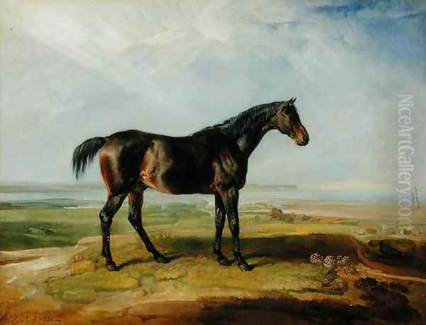 Dr. Syntax, a bay racehorse, standing in a coastal landscape, an estuary beyond Oil Painting by James Ward