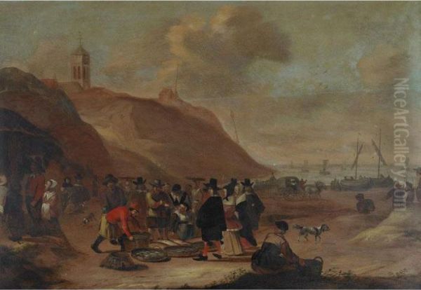 Fish Market At Egmond-aan-zee With Moored Boats And Townsfolk Mingling Oil Painting by Cornelis Beelt