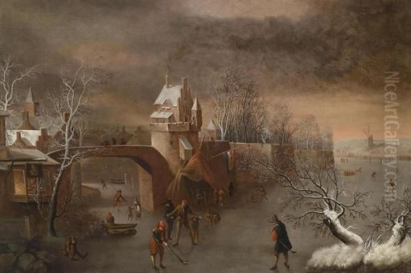 Skaters Near A Town Wall Oil Painting by Anthonie Beerstraten