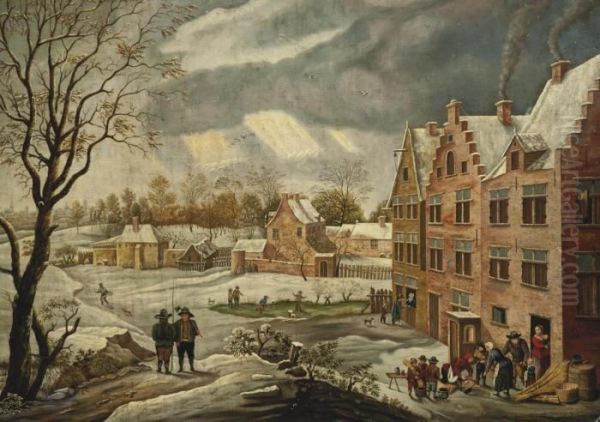 A Winter Landscape Of A Village With Figures Oil Painting by Jan Abrahamsz. Beerstraaten