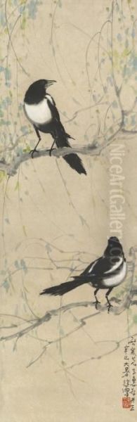 Two Magpies Oil Painting by Xu Beihong