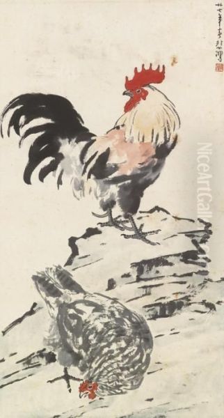 Rooster And Hen Oil Painting by Xu Beihong