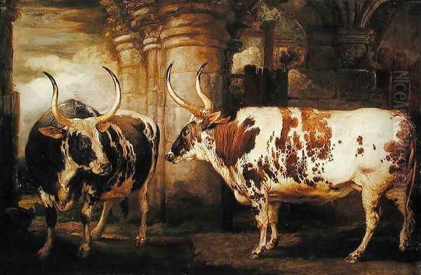 Portraits of two extraordinary oxen, the property of the Earl of Powis, 1814 Oil Painting by James Ward