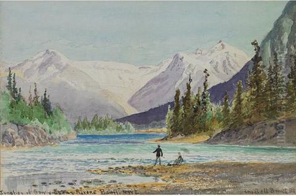 On The Bow River, Banff, N.w.t.; Junction Of Bow & Spray Rivers, Banff, N.w.t. Oil Painting by Frederic Marlett Bell-Smith