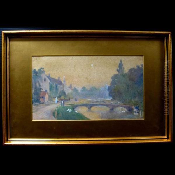 Figures Walking Beside Canal With Ducks Oil Painting by Frederic Marlett Bell-Smith