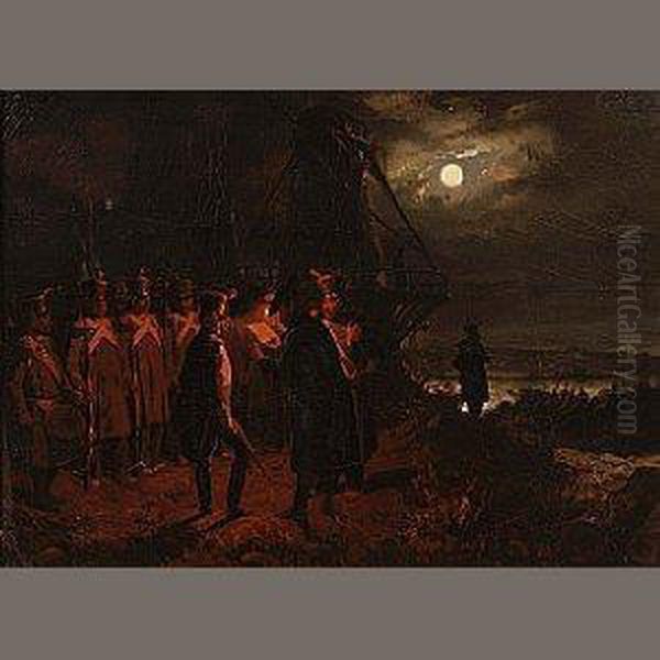 French Soldiers In A Moonlit Landscape Oil Painting by Joseph-Louis Hippolyte Bellange