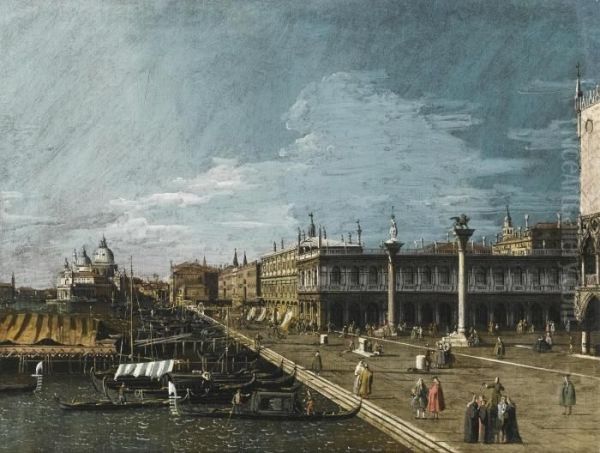 Venice, A View Along The Molo, Looking West, Towards The Punta Della Dogana Oil Painting by Bernardo Bellotto