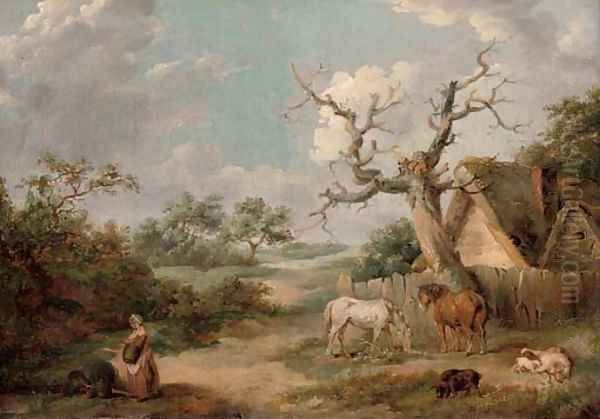 A wooded landscape with figures in the foreground and horses and pigs by a cottage Oil Painting by James Ward