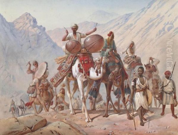 An Arab Camel Train Oil Painting by Joseph-Austin Benwell