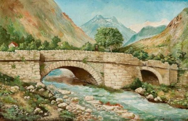 River Landscape With Bridge Oil Painting by Jean-Georges Beraud