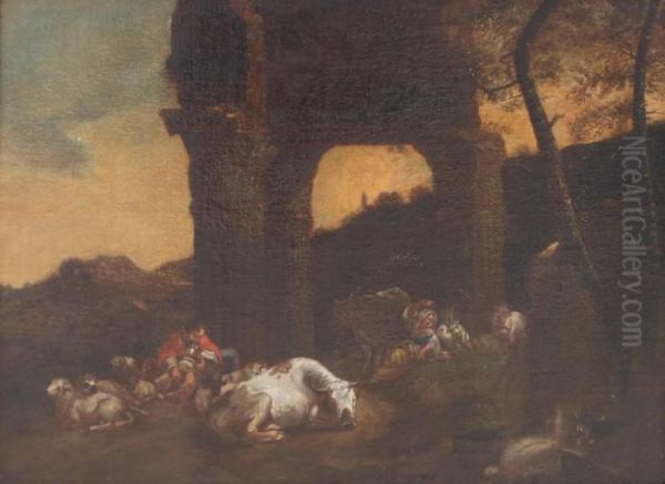 Italianate Landscape With Peasant Girl, Shepherd And Cattle Oil Painting by Nicolaes Berchem