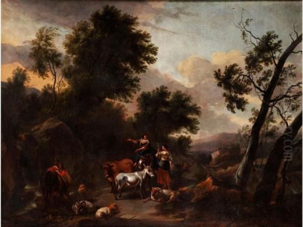 Italienische Ideallandschaft Mit
 Hirten Und Einer Schaferin Mit Flachsspindel Zwischen Ihren Tieren Oil Painting by Nicolaes Berchem