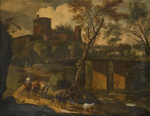 Landskap Med Vandrande Sallskap Oil Painting by Nicolaes Berchem